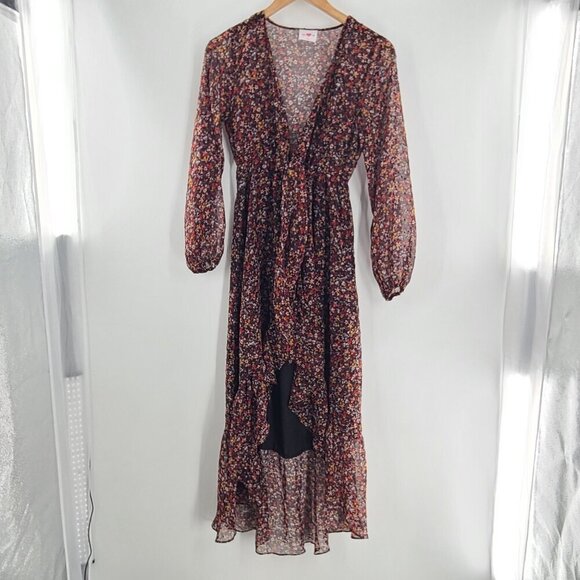 Buddy Love Flower Print Low V Neck Tie Ruffle Hi Low Hem Maxi Dress Size XS - Picture 6 of 7